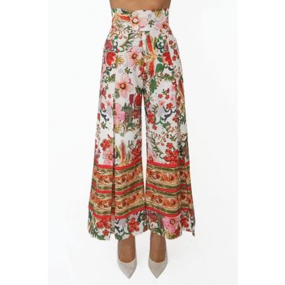 Pantalone a palazzo in seta con motivi floreali