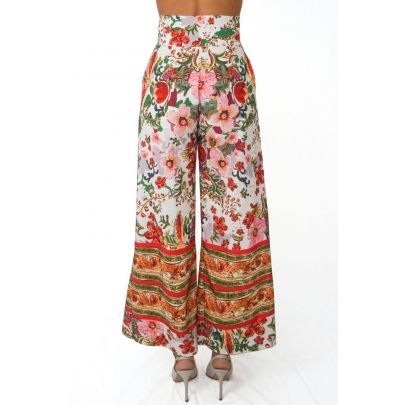 Pantalone a palazzo in seta con motivi floreali