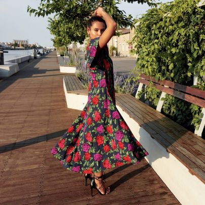 Vestito Floreale in crêpe a taglio svasato