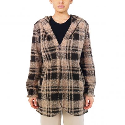 Felpa di lana marrone a quadri con cappuccio