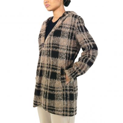 Felpa di lana marrone a quadri con cappuccio