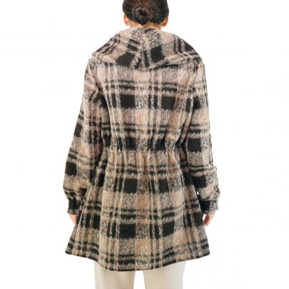 Felpa di lana marrone a quadri con cappuccio