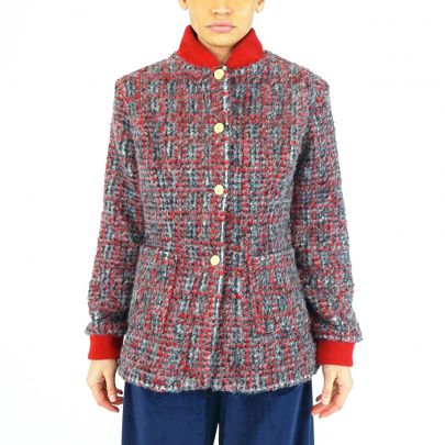 Giacca in lana cashmere grigia con quadri rossi