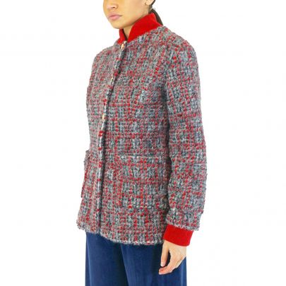 Giacca in lana cashmere grigia con quadri rossi