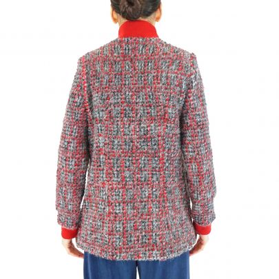 Giacca in lana cashmere grigia con quadri rossi