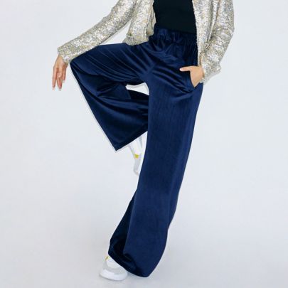 Pantalone in velluto di seta blu notte con elastico in vita