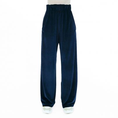 Pantalone in velluto di seta blu notte con elastico in vita