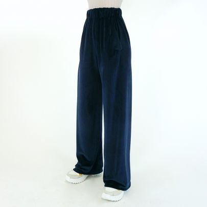 Pantalone in velluto di seta blu notte con elastico in vita
