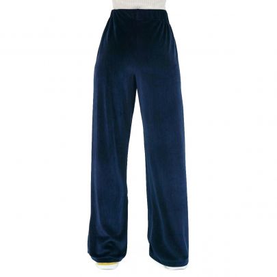 Pantalone in velluto di seta blu notte con elastico in vita